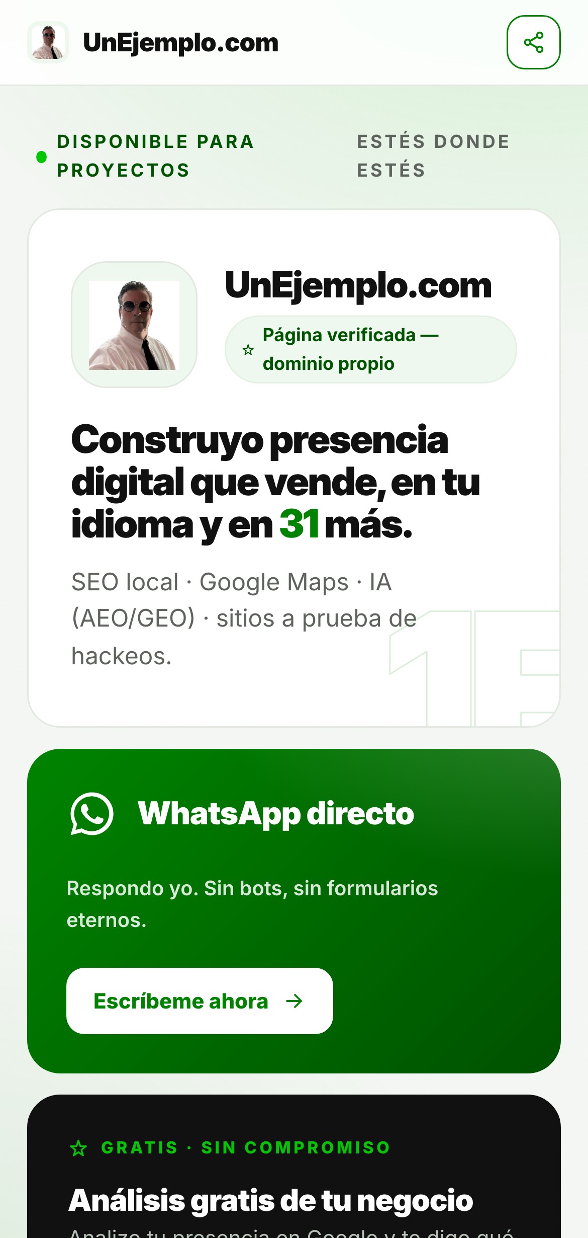 Una página BIO real de UnEjemplo.com abierta en un teléfono