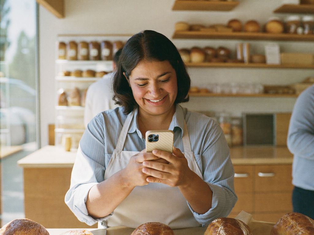 Dueña de una panadería sonríe al ver en su celular que un asistente de IA recomienda su negocio
