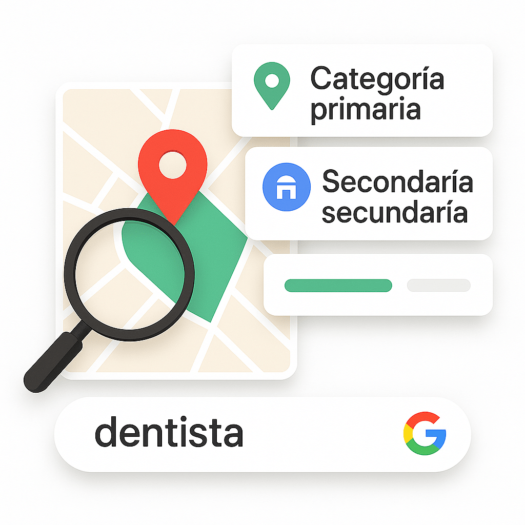 Categoría primaria y secundaria en Google Business Profile (ejemplo de búsqueda “dentista”)