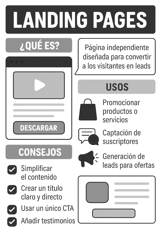 Infografía de landing pages: qué son y para qué sirven (convertir visitas de Google Maps en leads).