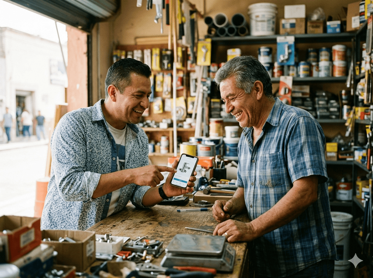 Comerciantes mexicanos en una ferretería de León mostrando catálogo de productos por WhatsApp Business a un cliente