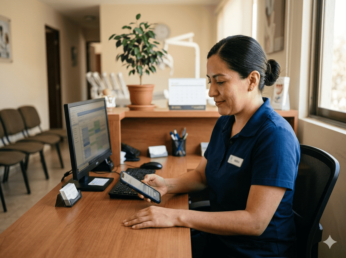 Recepcionista de clínica dental mexicana enviando recordatorio de cita por WhatsApp desde su escritorio