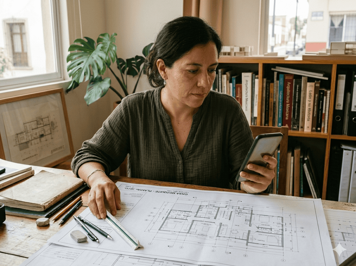 Arquitecta mexicana en su estudio en León revisando planos y enviando seguimiento por WhatsApp a un cliente