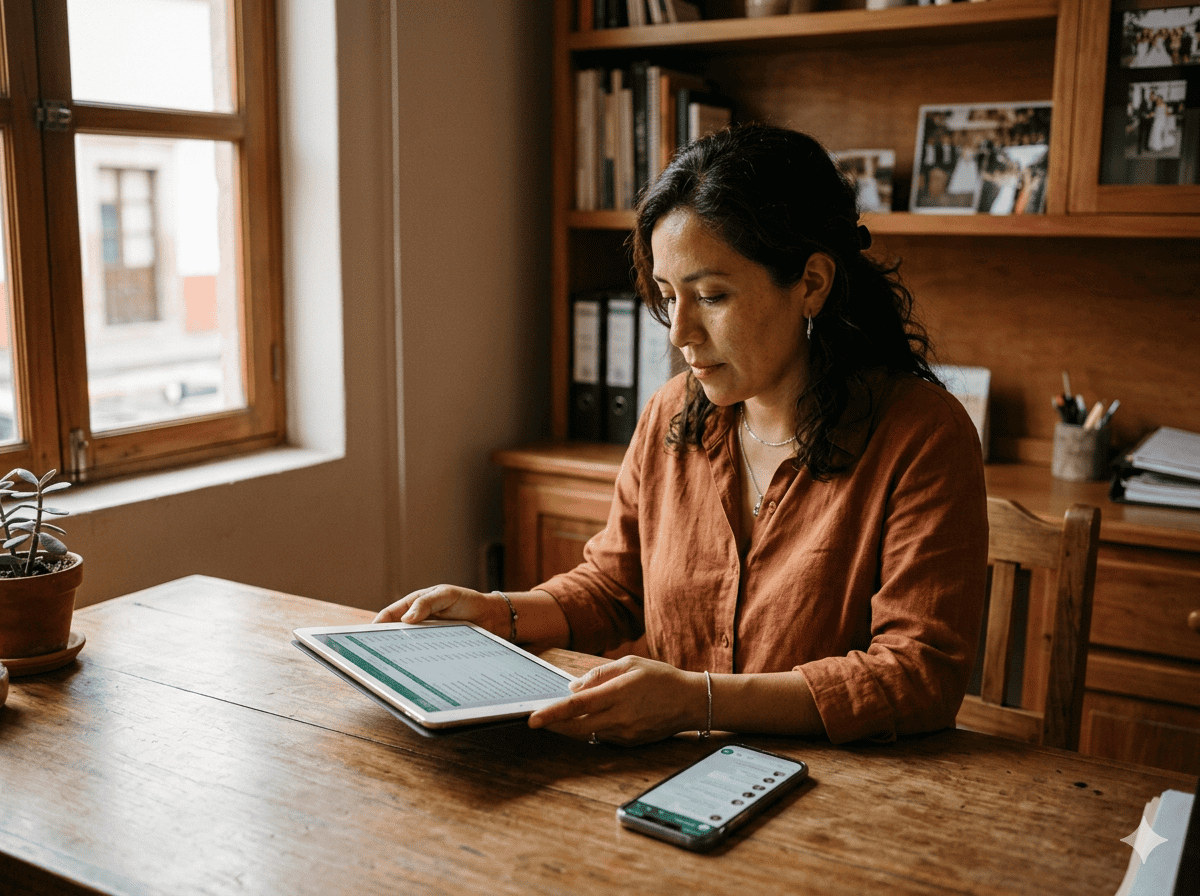 Empresaria mexicana en su oficina revisando lista de clientes para reactivar por WhatsApp Business