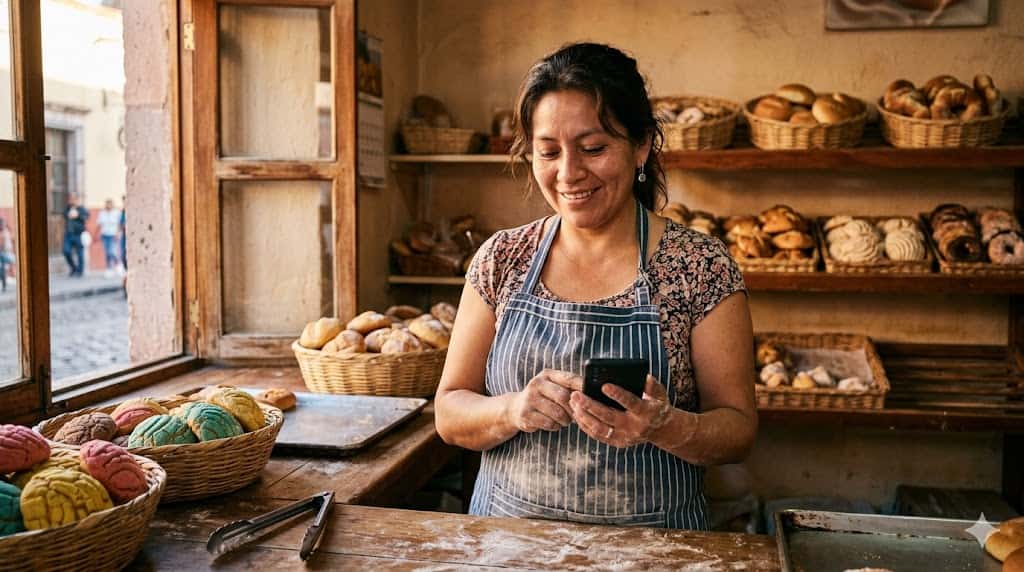 Comerciante mexicana en León revisando WhatsApp Business detrás del mostrador de su panadería